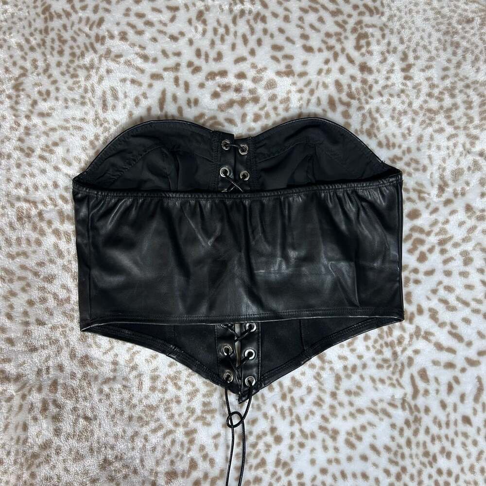 SHEIN Black Faux Leather Lace-Up Corset Top Size S